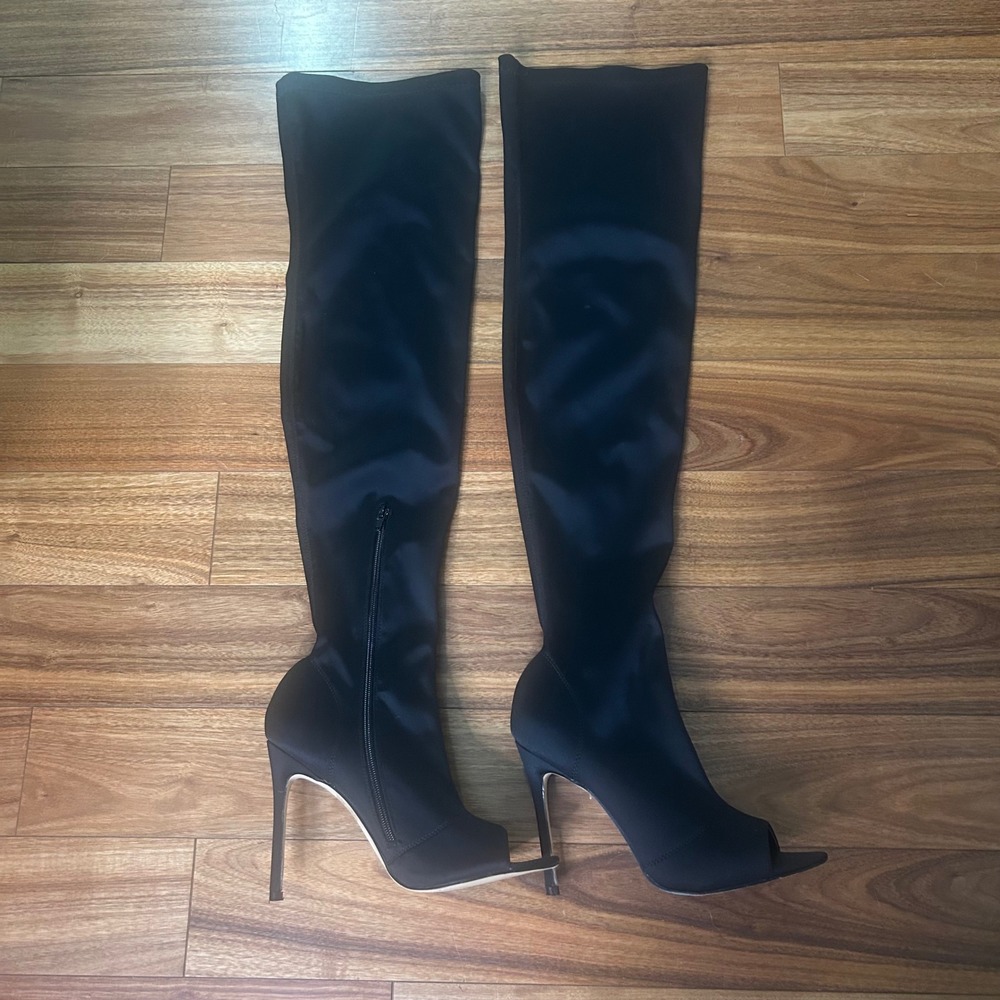 Truffle Collection Thigh High Boots Peep Toe Stiletto Heel Black‎ Size 8.5